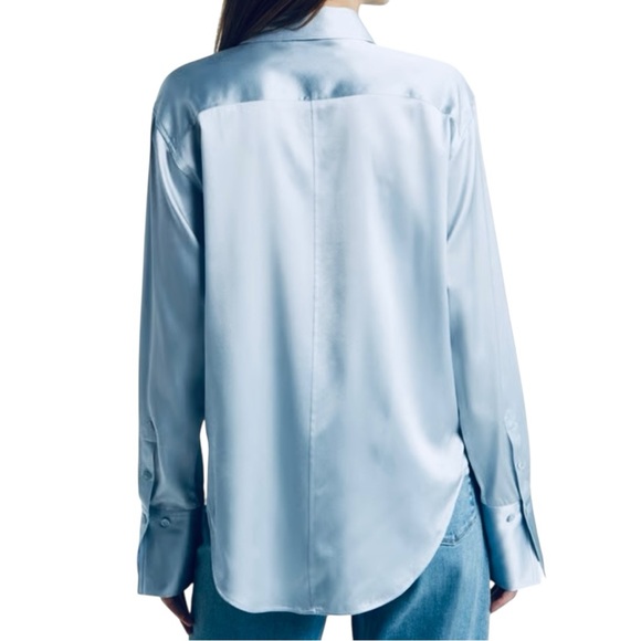 Cupcakes and Cashmere Blue Satin Blouse XL French Cuff Button Front Draped Shirt - Picture 4 of 10